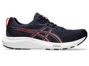 Navy Asics running shoe with red accents on a white background.  Can be purchased at www.sneakersplus.ca