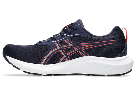 Navy Asics running shoe with red and gray accents on a white background