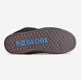 The outsole of a dark brown shoe, featuring a textured diamond-patterned rubber tread with a blue 'GLOBE' logo in the center, shown against a light gray background.