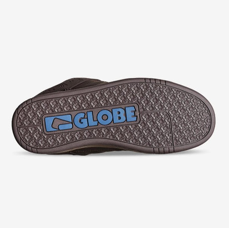 The outsole of a dark brown shoe, featuring a textured diamond-patterned rubber tread with a blue 'GLOBE' logo in the center, shown against a light gray background.