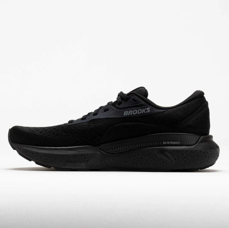 Black running shoe with 'Brooks' branding on a white background