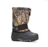 Camouflage snow boot with black sole on a white background