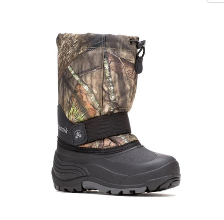 Camouflage snow boot with black sole on a white background