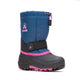 Blue and snow boot with pink accents on a white background