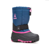 Blue and snow boot with pink accents on a white background