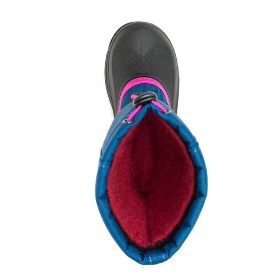 Blue winter boot with red interior on a white background