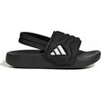 Black Adidas sandal with a white logo and a black heel strap on a white background