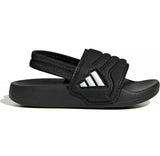 Black Adidas sandal with a white logo and a black heel strap on a white background