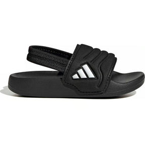 Black Adidas sandal with a white logo and a black heel strap on a white background