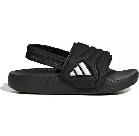 Black Adidas sandal with a white logo and a black heel strap on a white background