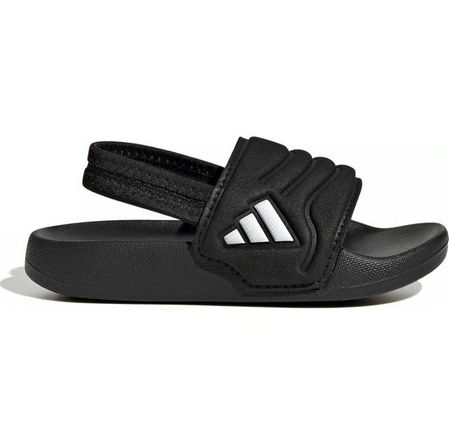Black Adidas sandal with a white logo and a black heel strap on a white background