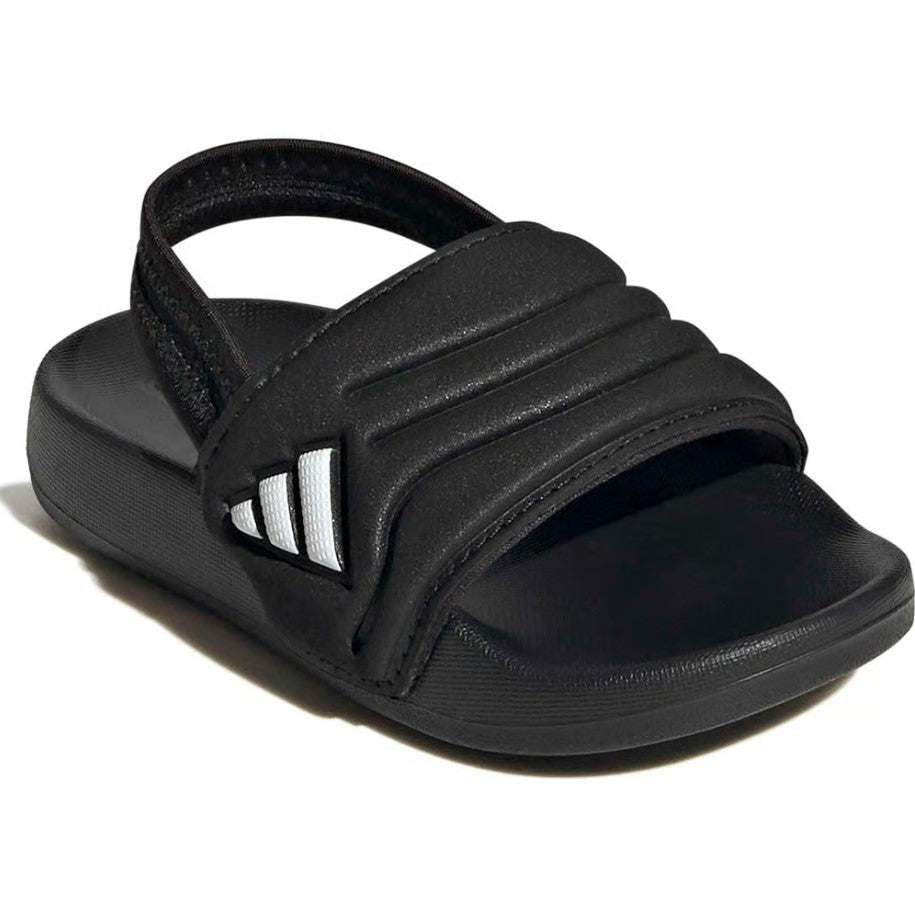 Black sandal with Adidas logo on a white background