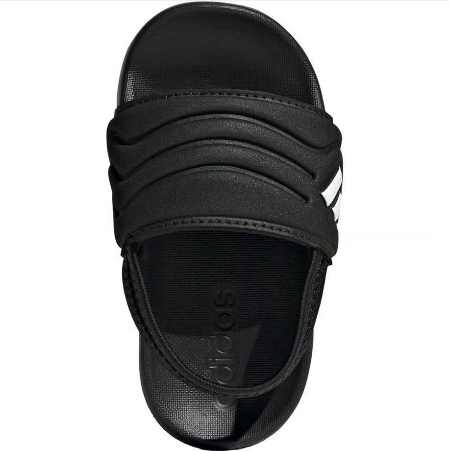 Black slide sandal with Adidas logo on a white background