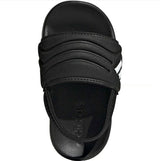 Black slide sandal with Adidas logo on a white background