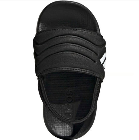 Black slide sandal with Adidas logo on a white background