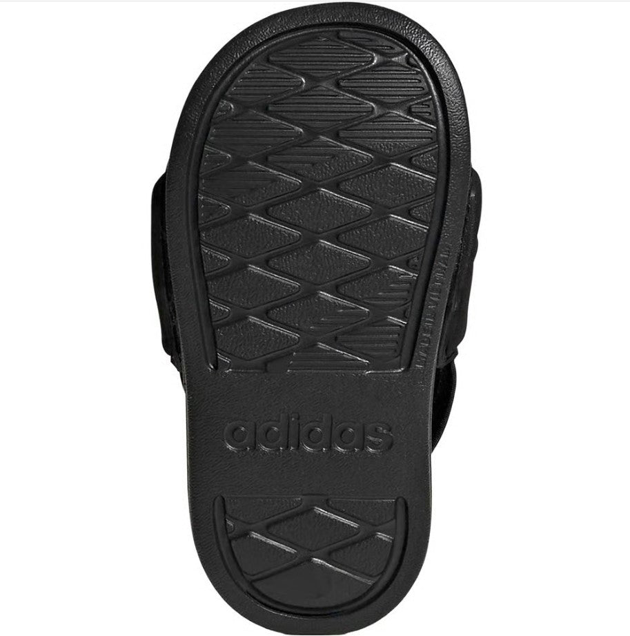 Black sandal sole with Adidas logo on a white background