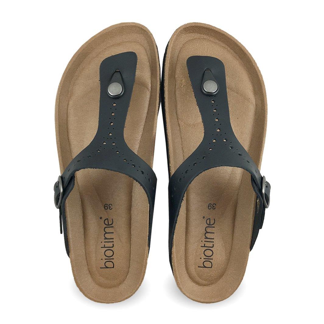 Pair of Biotime brown sandals with black straps on a white background from Sneakers Plus