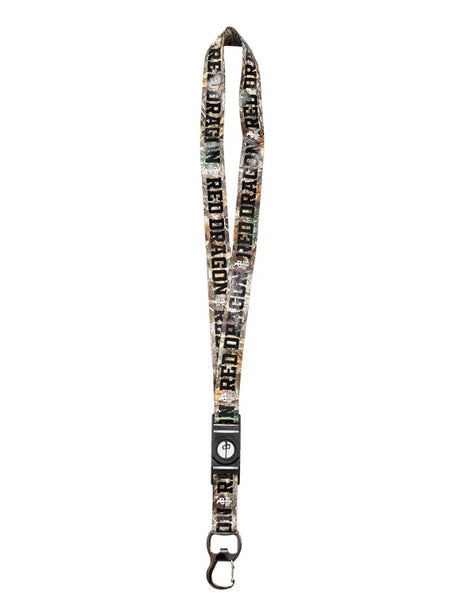 Woodland camo lanyard with black 'Red Dragon' Branding on a white background