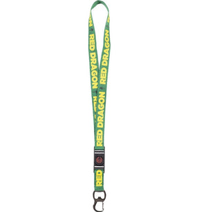 Green lanyard with yellow 'Red Dragon' branding on a white background