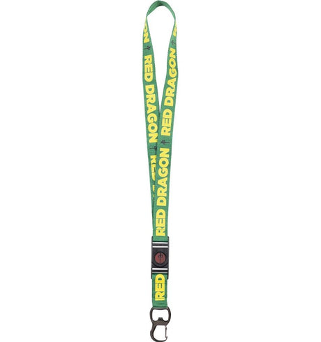 Green lanyard with yellow 'Red Dragon' branding on a white background