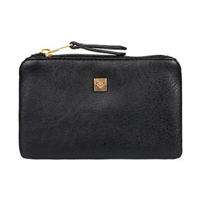 Black leather wallet with a gold zipper and brand logo on a white background