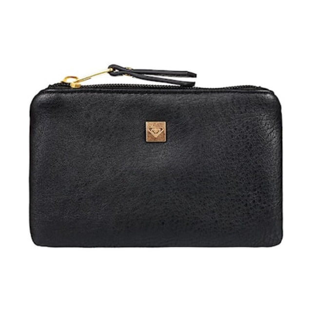 Black leather wallet with a gold zipper and brand logo on a white background