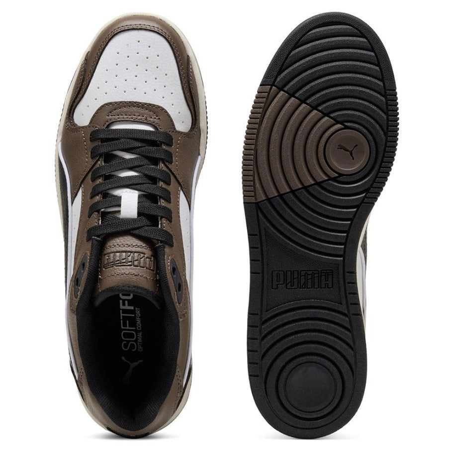 Brown and white Puma sneaker with black sole on a white background