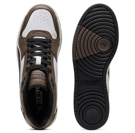 Brown and white Puma sneaker with black sole on a white background