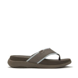 Brown sandal with a brown and light blue strap on a white background