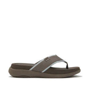 Brown sandal with a brown and light blue strap on a white background