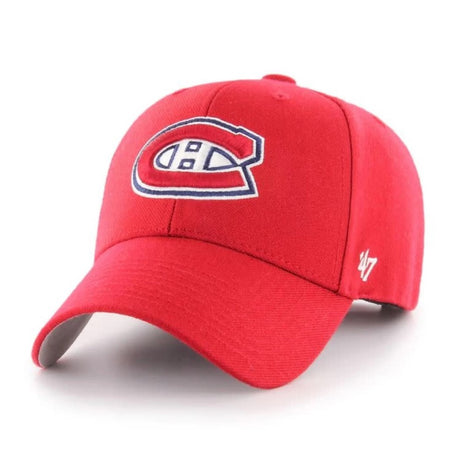 Red baseball cap with a logo on a white background