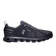 Black running shoe with visible brand logo on a light gray background