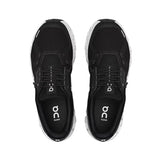 Black running shoes with 'on' logo on a light gray background