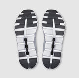 Bottom view of White and black shoe soles on a light gray background