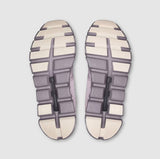 bottom view of mauve and beige shoe soles on a light gray background