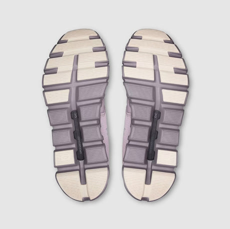 bottom view of mauve and beige shoe soles on a light gray background
