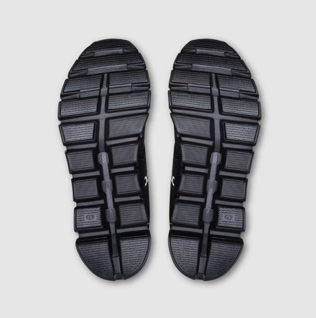 Pair of black shoe soles with a square/rectangle tread pattern on a light gray background