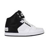 White and black high-top sneaker with brand logo on a white background
