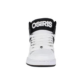 White sneaker with black accents and Osiris logo on a white background
