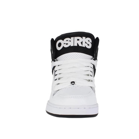 White sneaker with black accents and Osiris logo on a white background