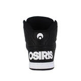 Black high-top shoe with white 'Osiris' branding on a white background