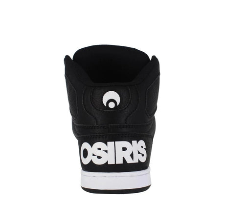 Black high-top shoe with white 'Osiris' branding on a white background