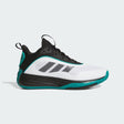 White and black sneaker with teal accents on a light gray background