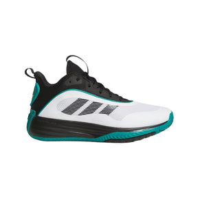 White and black sneaker with teal accents on a light gray background