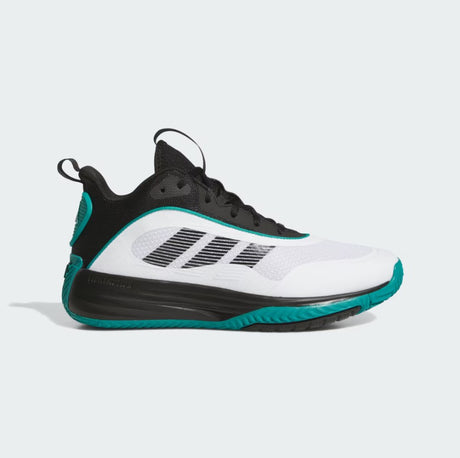 White and black sneaker with teal accents on a light gray background