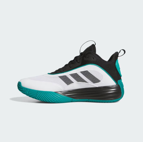 Basketball shoe with white and black design on a light gray background