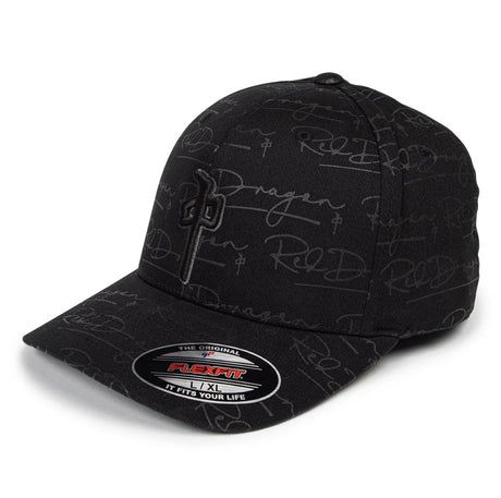 Black cap with branding on a white background