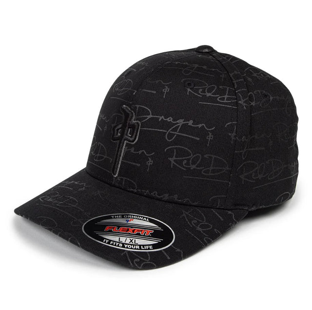 Black cap with branding on a white background