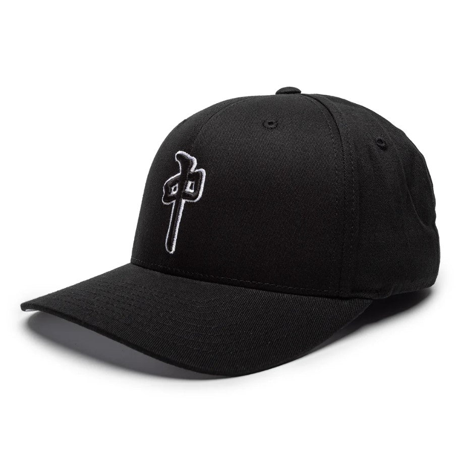 Black cap with white embroidered design on a white background