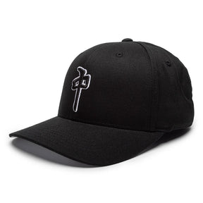 Black cap with white embroidered design on a white background